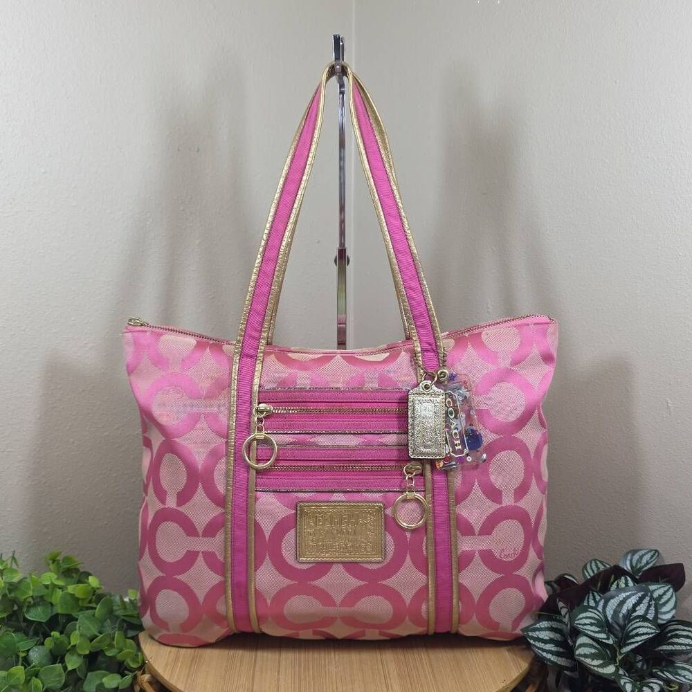 Coach RARE Poppy Pink/Gold OP Art Glam Tote Bag